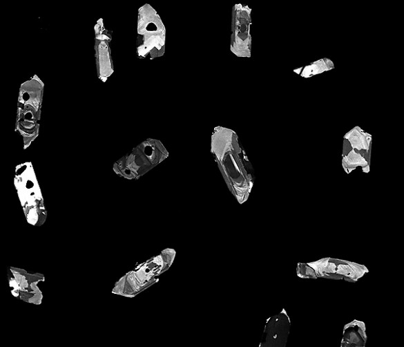Images of a collection of Icelandic zircons taken with a scanning electron microscope. They range in size from a tenth of a millimeter to a few thousands of a millimeter. (Tamara Carley / Vanderbilt)