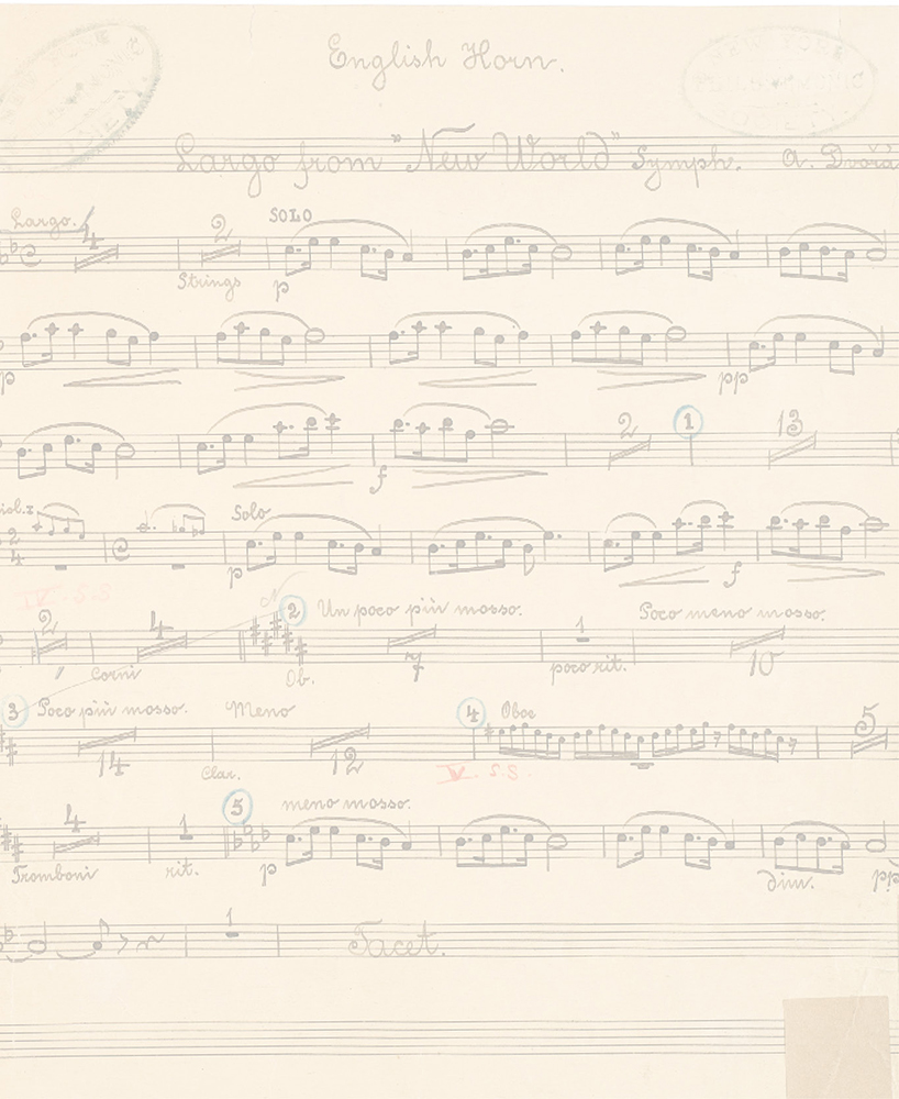 The original manuscript of the famous English horn melody in the symphony’s Largo movement