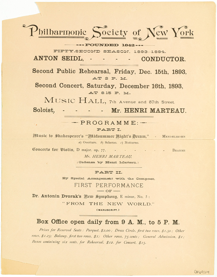 The program for the premiere of the “New World” Symphony, featuring the New York Philharmonic at Carnegie Hall, on Dec. 16, 1893.