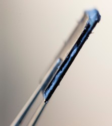 Metal wafer held in tweezers