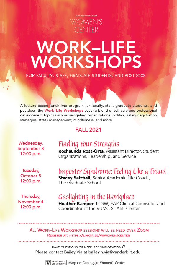 Margaret Cuninggim Women's Center Work-Life Workshops schedule for fall 2021