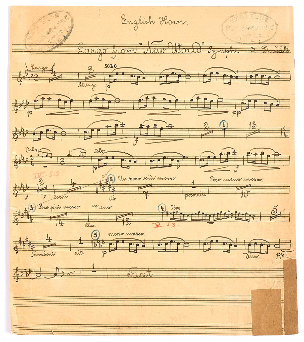 The original manuscript of the famous English horn melody in the symphony’s Largo movement.  (New York Philharmonic Leon Levy Digital Archives)