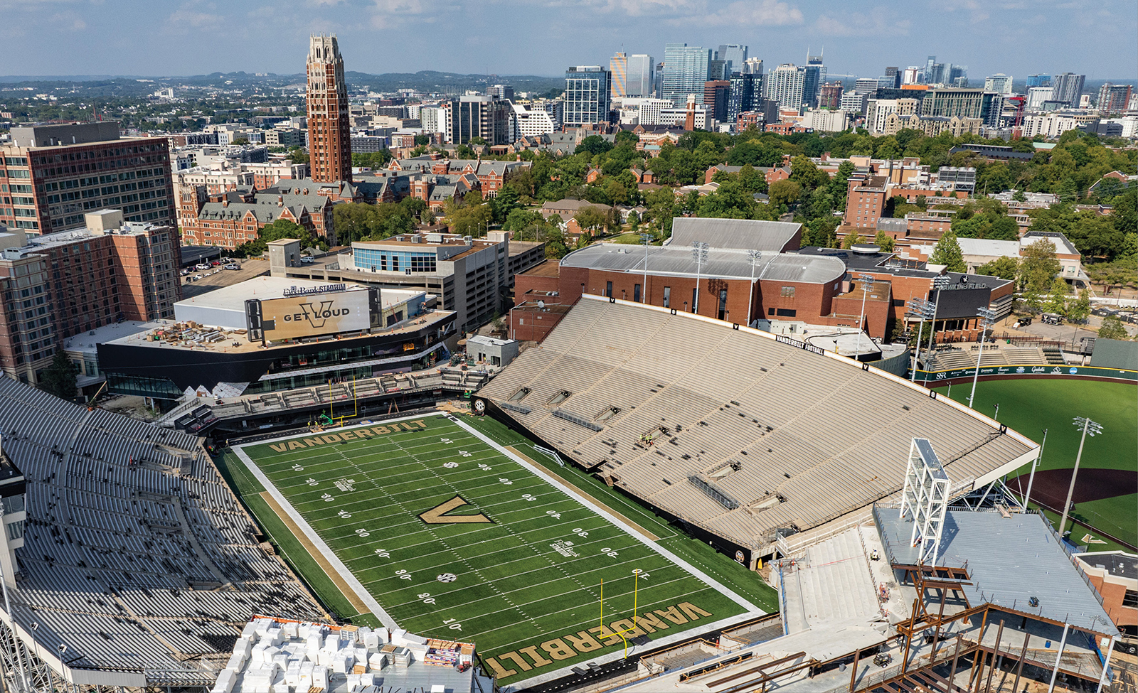 Aerial view of the football stadium as work progresses on it, 2024