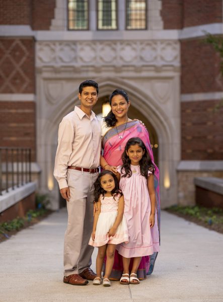 Ravindra Duddu, associate professor of civil and environmental engineering, and his family outside Rothschild College.