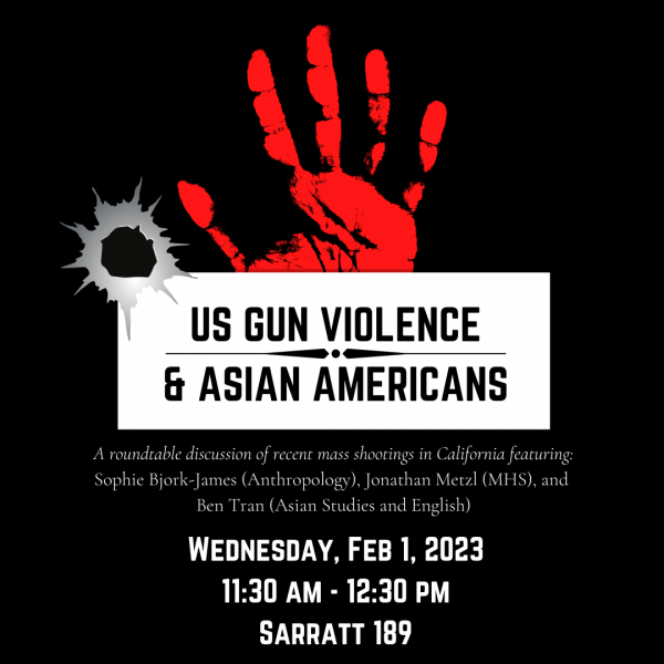 A roundtable discussion of recent mass shootings in California featuring: Sophie Bjork-James (Anthropology), Jonathan MetzI (MHS), and Ben Tran (Asian Studies and English)