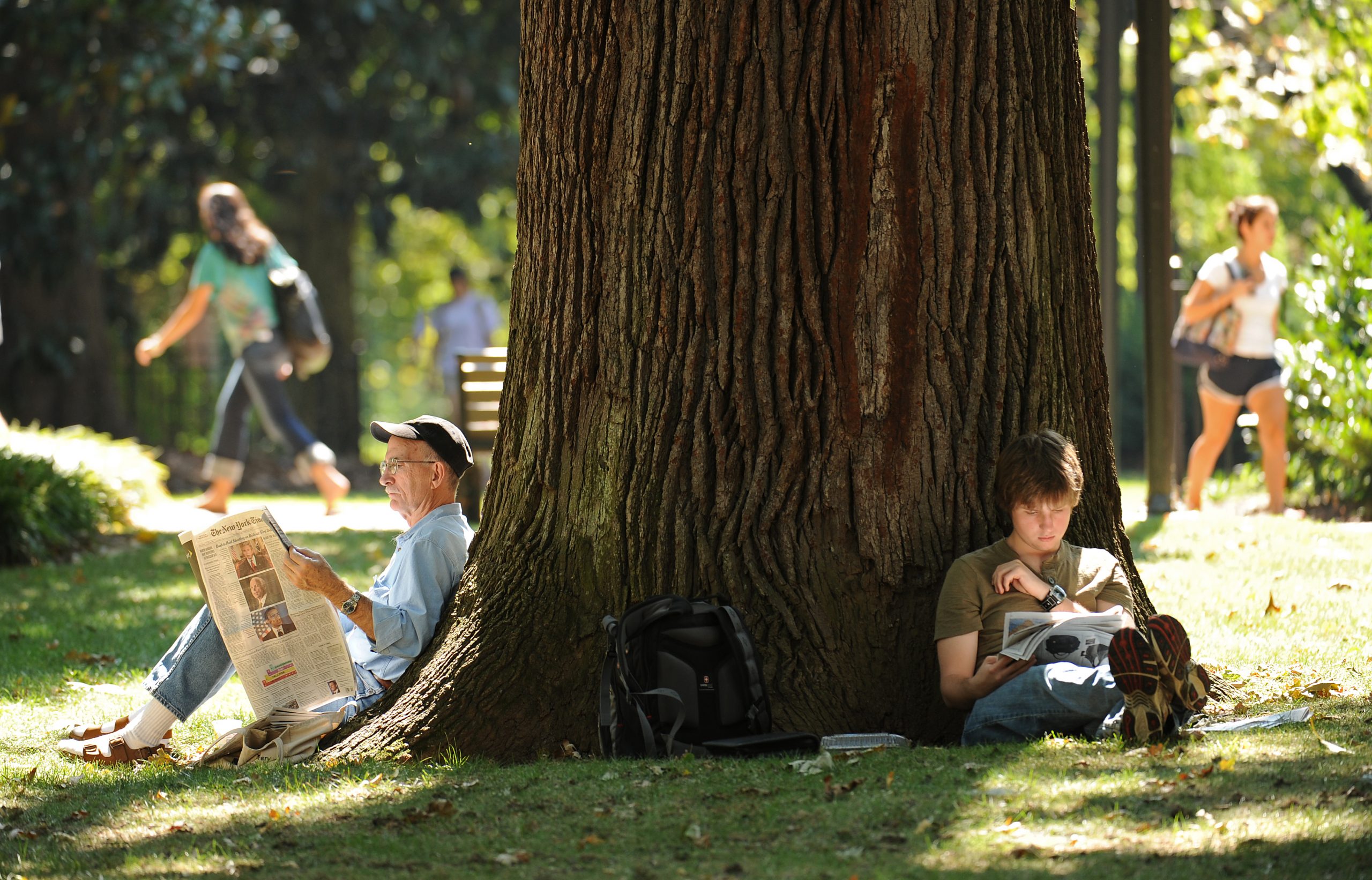 Research faculty member Bob O'Dell and first year student Cole Garrett make use of the Bicentennial Oak as they enjoy a Fall day at Vanderbilt.(John Russell/Vanderbilt University)