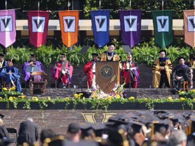 Chancellor Daniel Diermeier addresses the Class of 2022 during Commencement exercises at Vanderbilt Stadium on May 13, 2022.