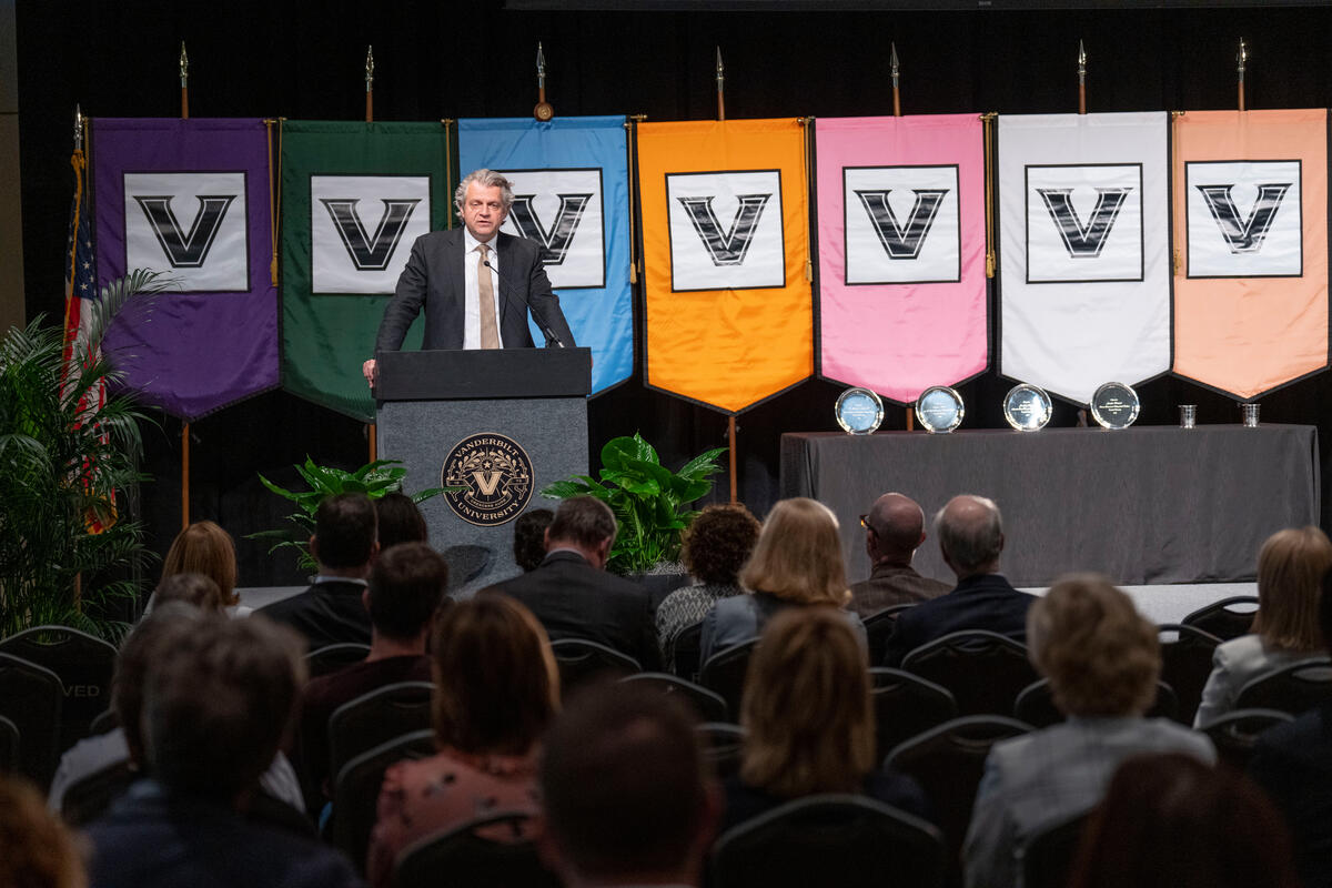 Chancellor Daniel Diermeier addresses faculty on April 28 at the 2022 Spring Faculty Assembly in the Student Life Center Ballroom.