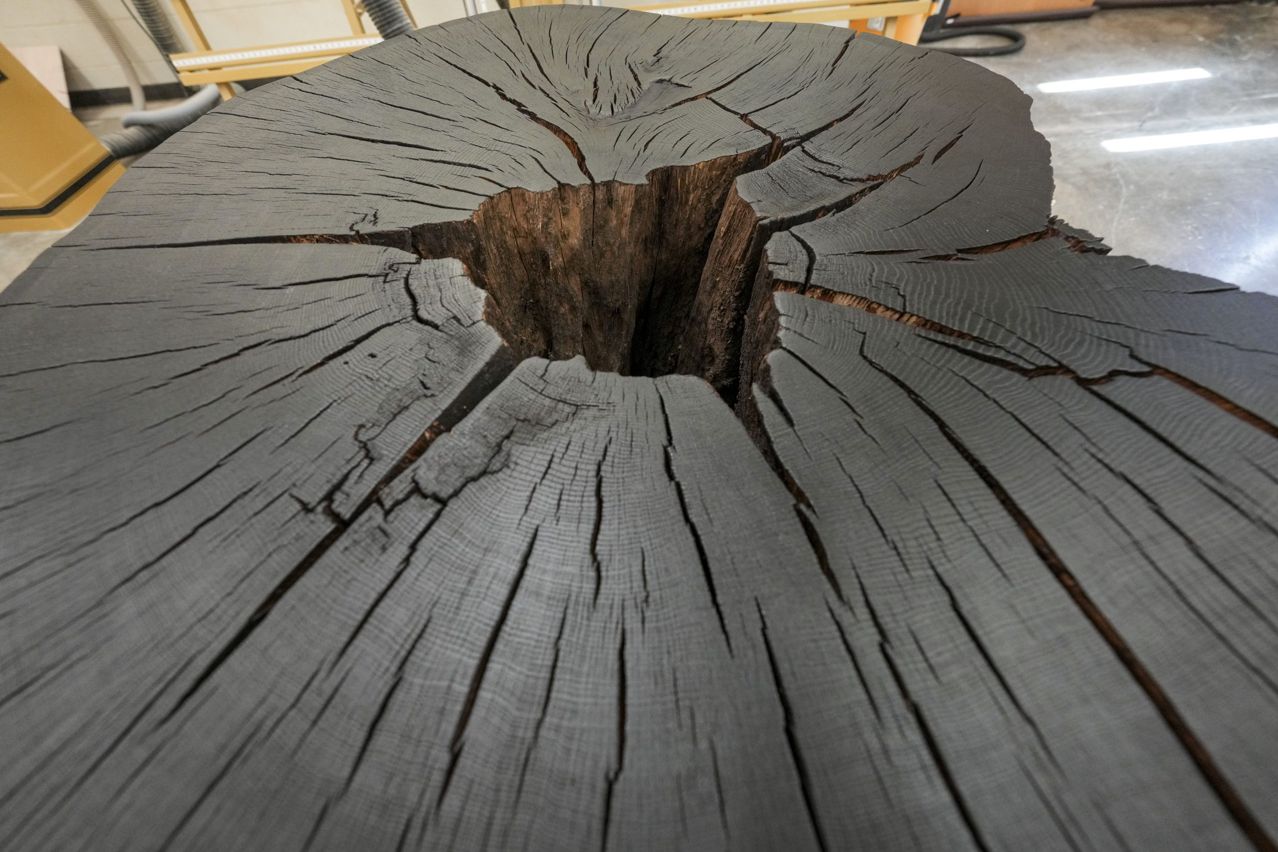 Art students watch as Artist Marko Barakoski makes tree prints at  Ingram Fine Arts studio using the wood from the Bicentennial Oak that fell on campus in 2022.