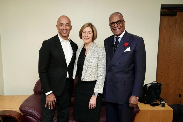 L-r: ABC News journalist Byron Pitts, Provost and Vice Chancellor for Academic Affairs C. Cybele Raver and André L. Churchwell, vice chancellor for outreach, inclusion and belonging and chief diversity officer at Vanderbilt. (Photo by Joe Howell)