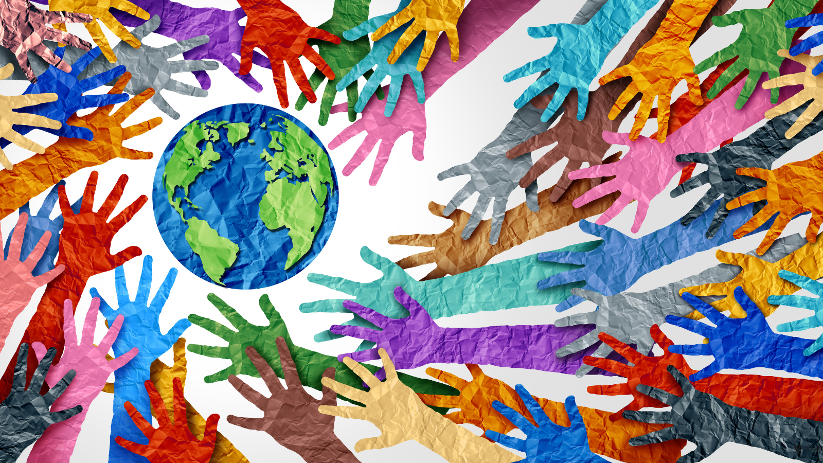 An assortment of hands in a variety of rainbow colors reach toward a globe.