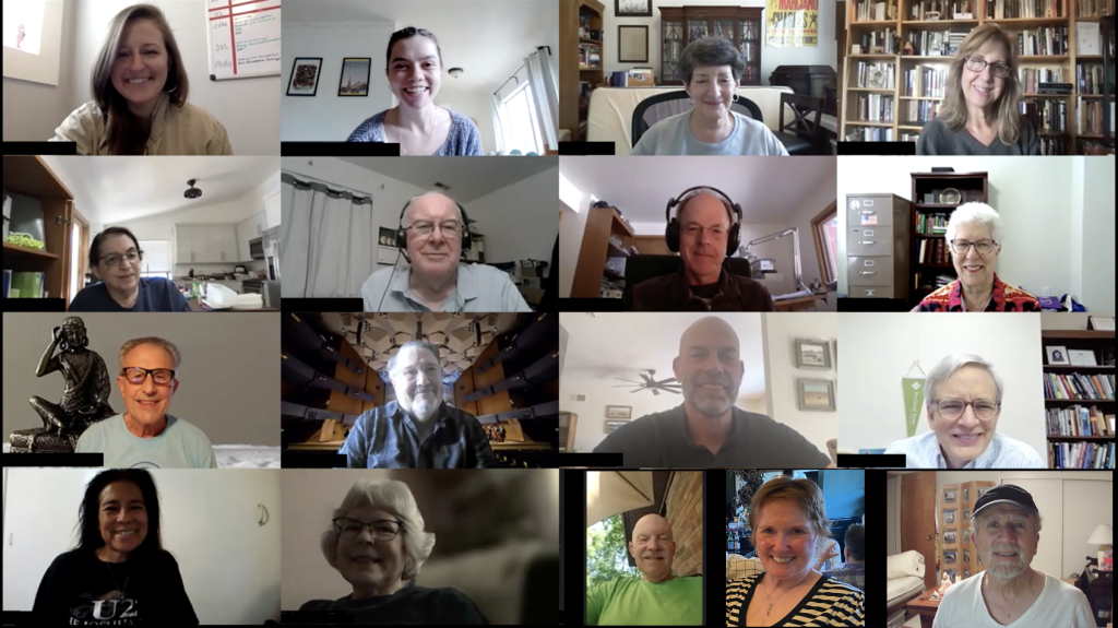 Screenshot of seventeen people on a Zoom call