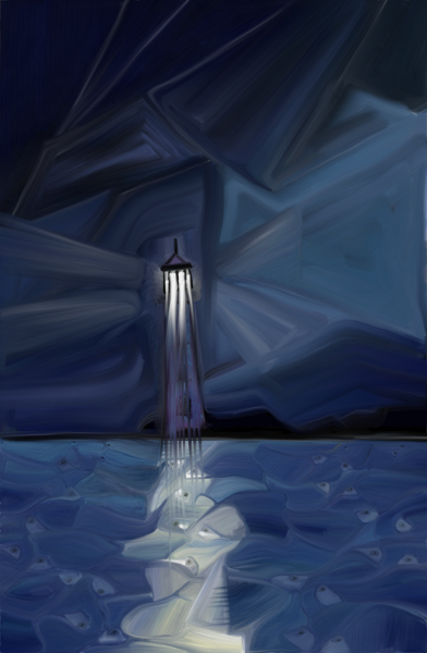 Digital drawing of a lighthouse at night. The sky is patterned with dark blue and gray colors, and the water looks like it has random cells strewn about. Light comes out from the lighthouse and illuminates a streak through the water. 