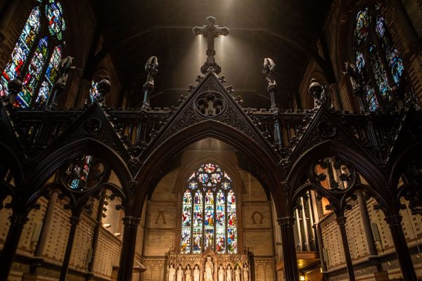 Stained glass windows inside a building