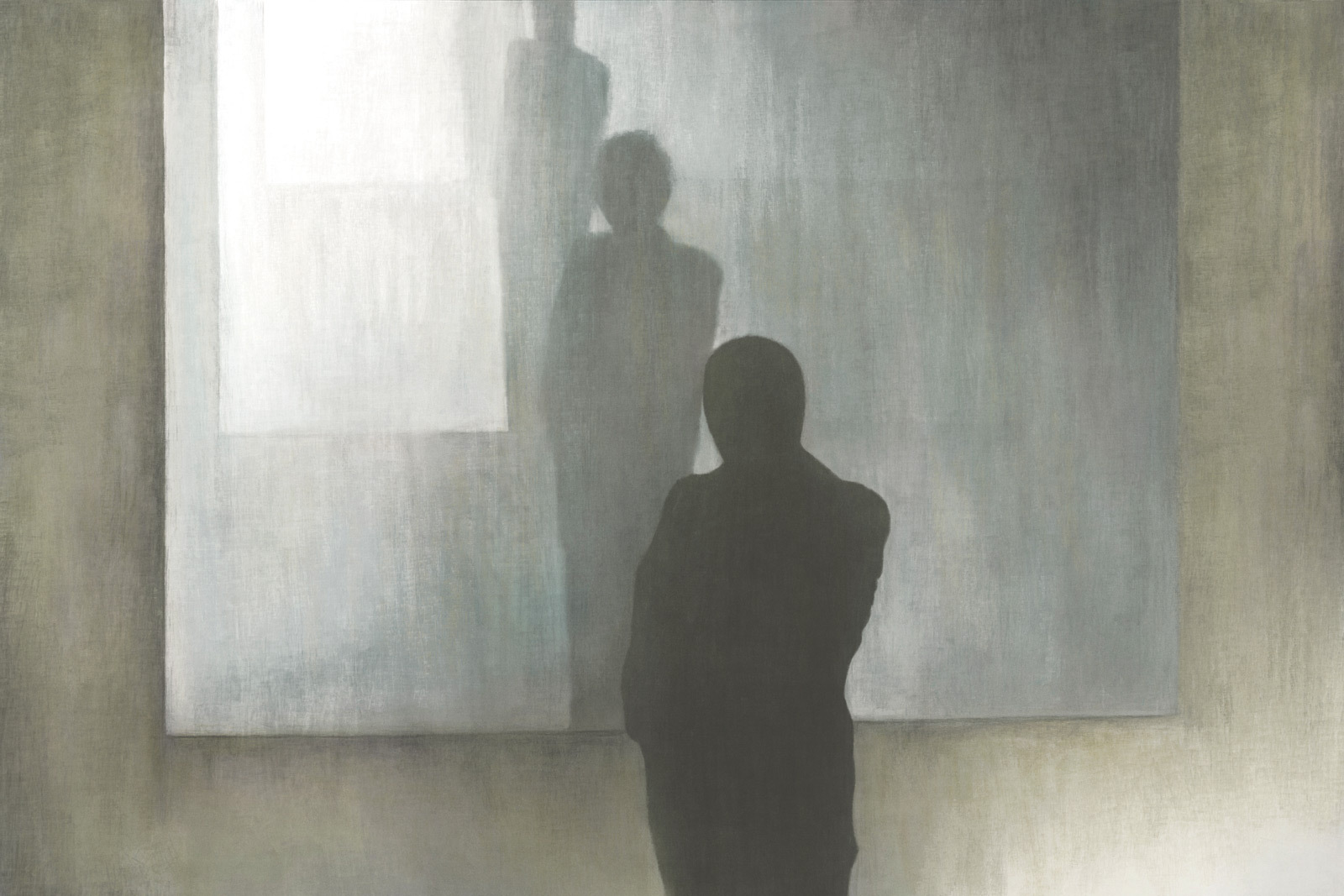 A painting in muted gray tones of the same male figure repeated, as if reflected in a mirror.