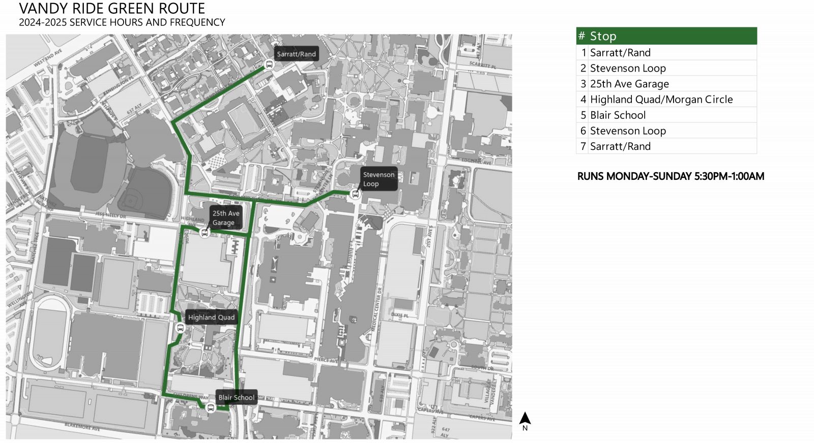 Map of new Green route for VandyRide