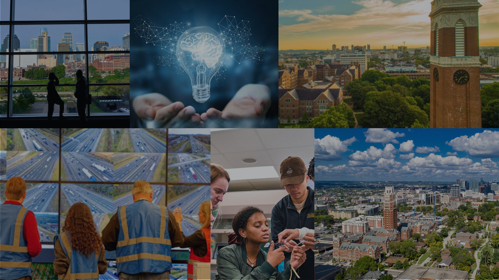 Collage of images featuring researchers, Vanderbilt's campus and downtown Nashville.