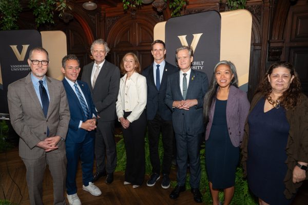 Pictured: Manhattan Borough President Mark Levine, Assemblymember Tony Simone, Daniel Diermeier, Cybele Raver, Councilmember Erik Bottcher, State Senator Brad Hoylman-Sigal, Deputy Mayor for Housing, Economic Development, and Workforce Maria Torres-Springer, Maria Fernandez. (Barry Williams/Vanderbilt University)