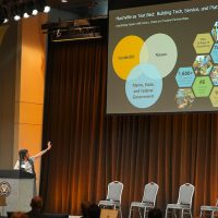 Chief Research Officer Padma Raghavan explains a slide during the Vanderbilt-Nissan Collaboration Showcase