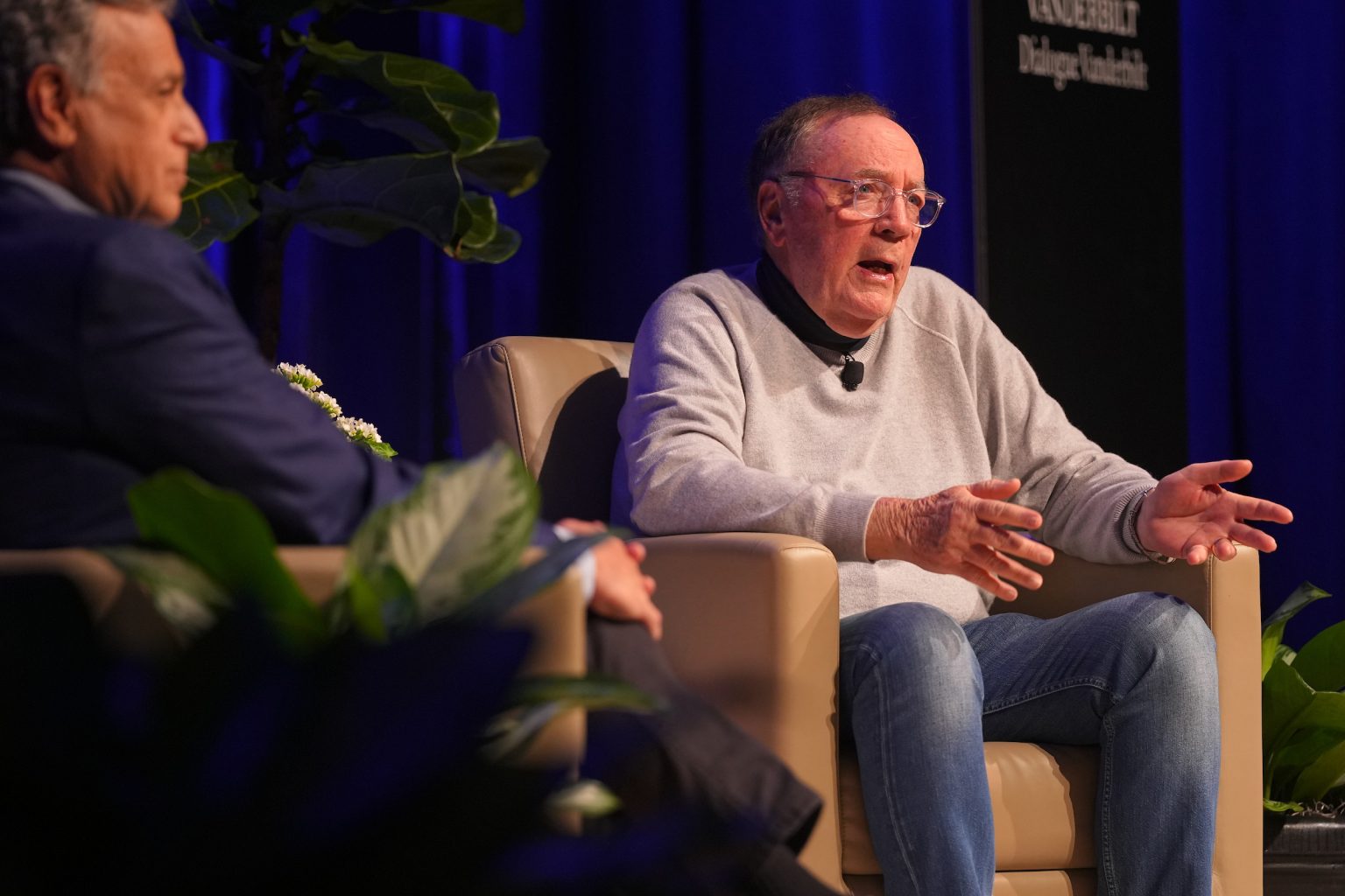 Bestselling author and Vanderbilt alumnus James Patterson (right) discussed his writing process and prolific career during a conversation moderated by John M. Seigenthaler in Langford Auditorium on April 11.