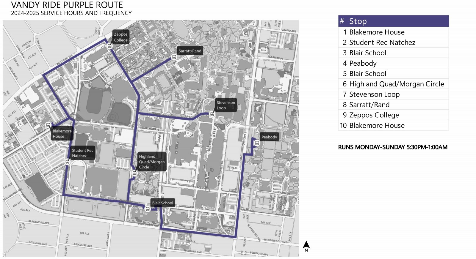 Map highlighting new purple route for VandyRides