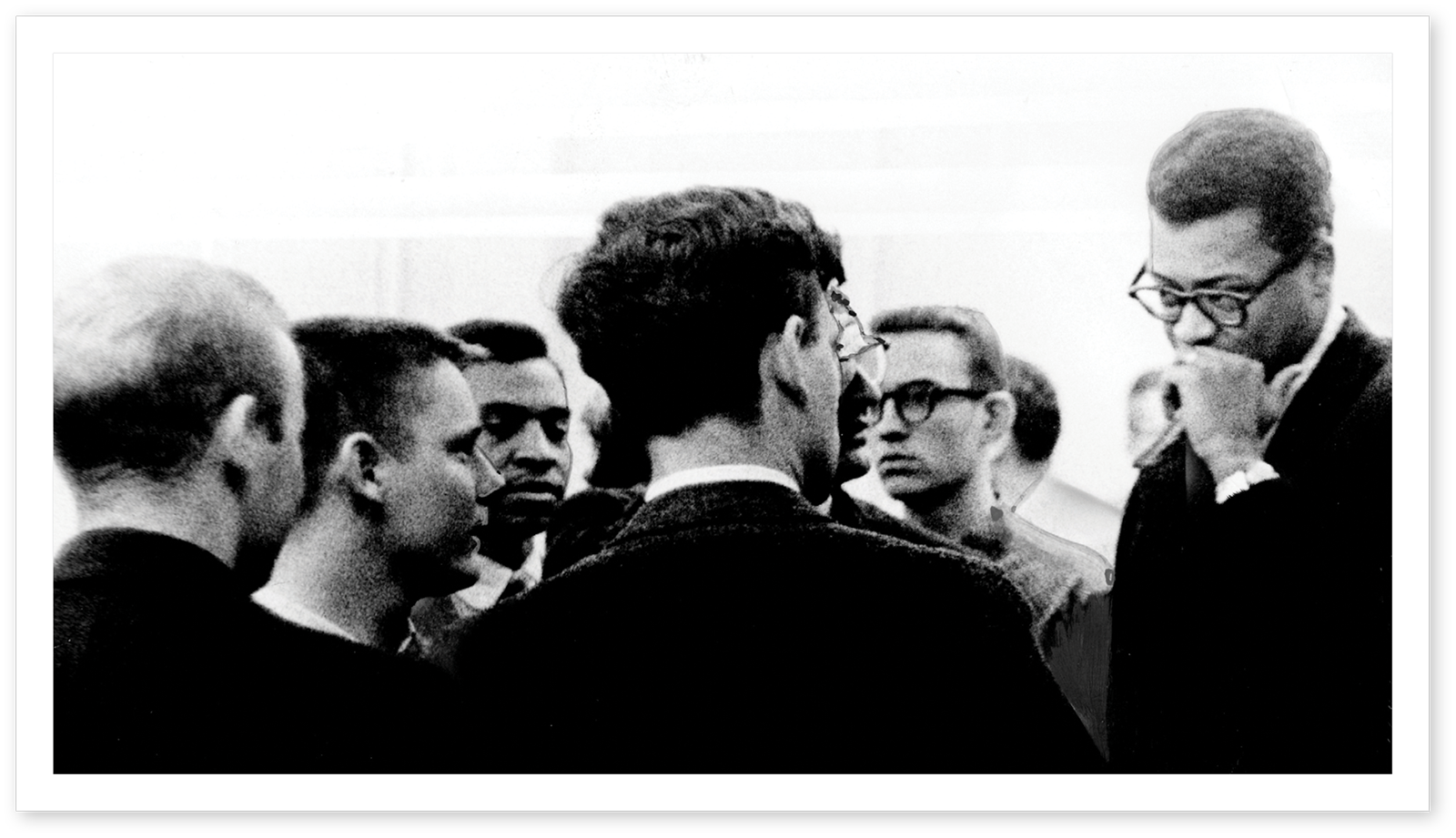 Rev. James Lawson confers with divinity students in March 1960 before his expulsion from Vanderbilt. 