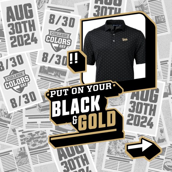 Vanderbilt College Colors day promotion featuring a black polo with Vanderbilt logo