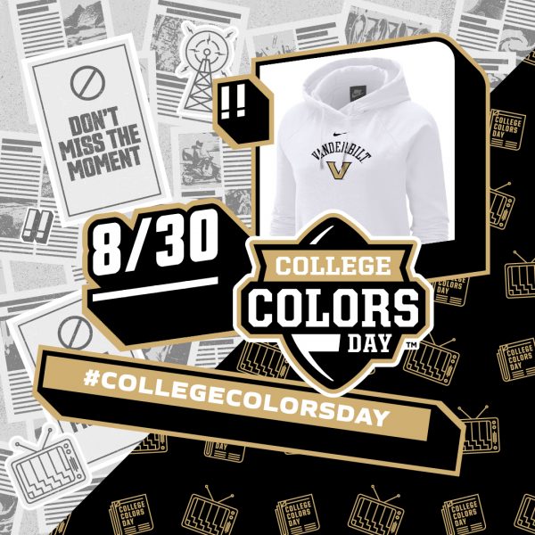 Vanderbilt College Colors day promotion featuring a white hoodie with Vanderbilt logo