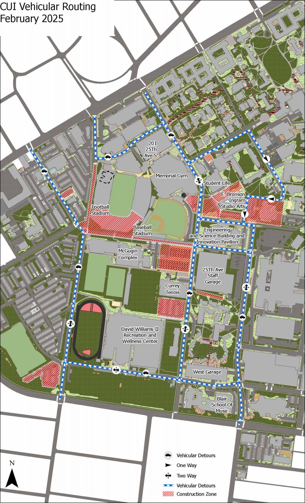 Map of campus road routing for February.