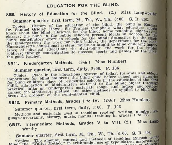 A page shows text descriptions of the first Visual Disabilities courses in 1921.