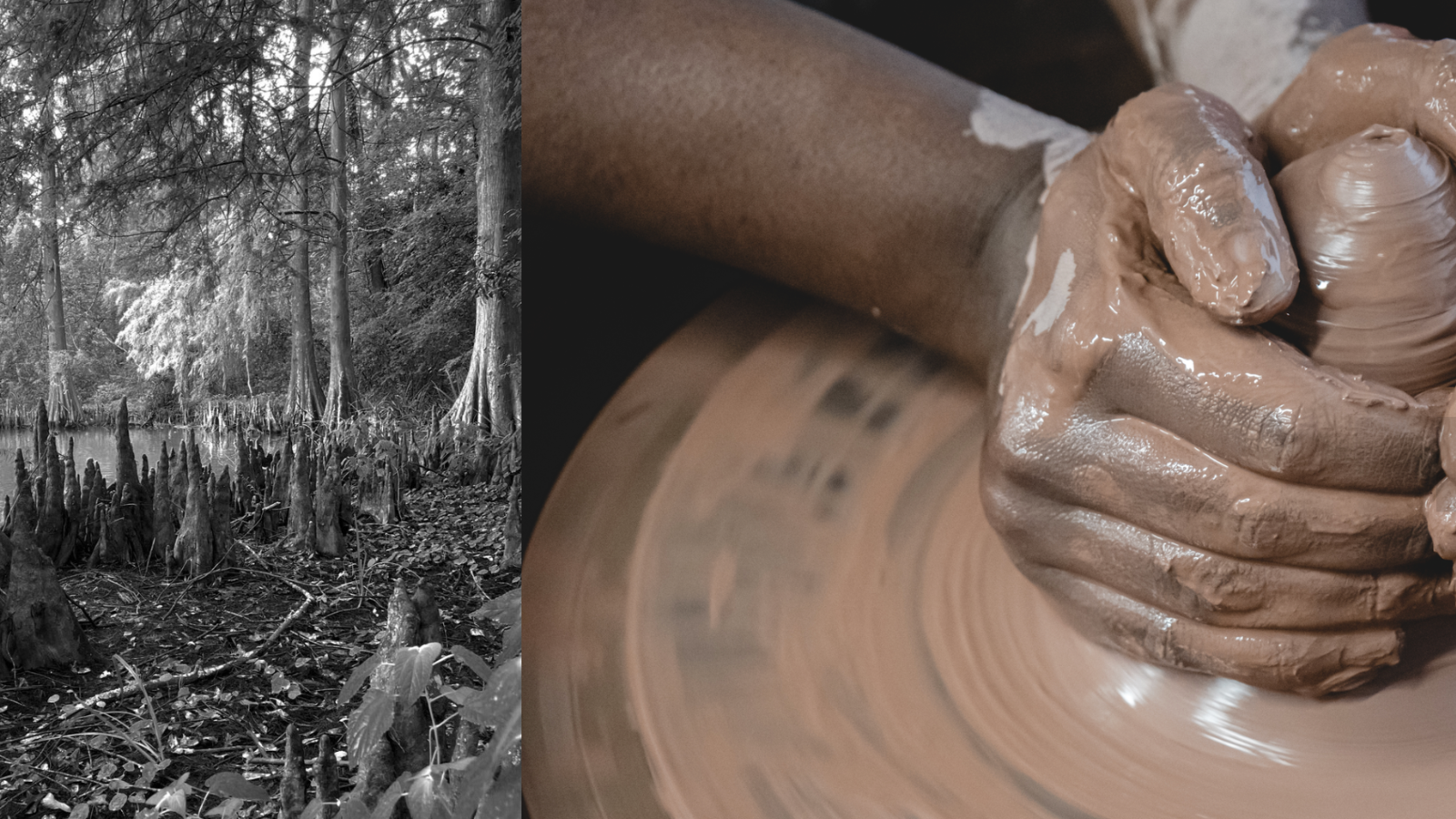 A black and white image of trees is to the left of an image of two sets of hands creating art on a clay wheel.