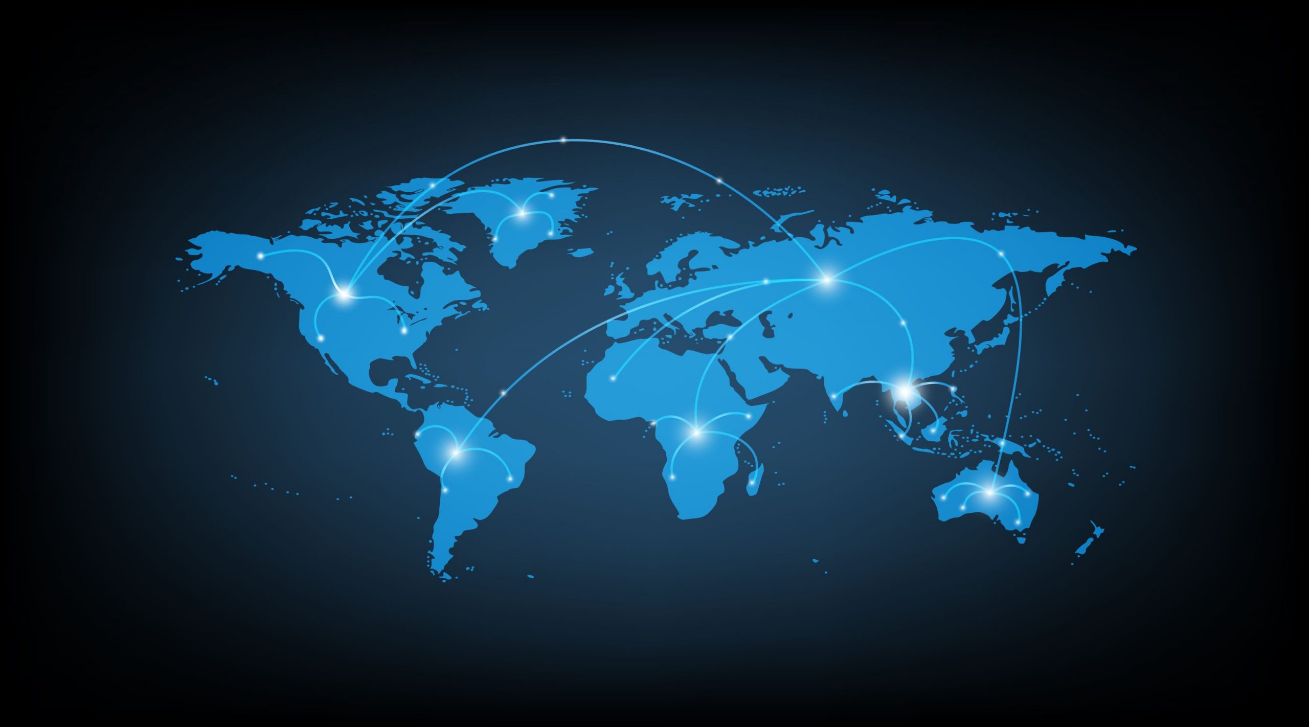 World map with illuminated lines connecting continents 