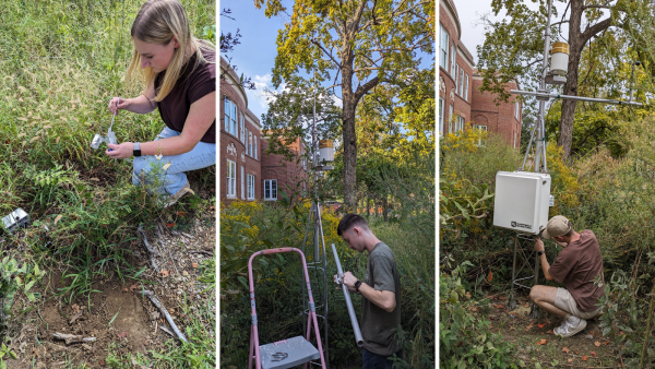 three students do research in the native garden