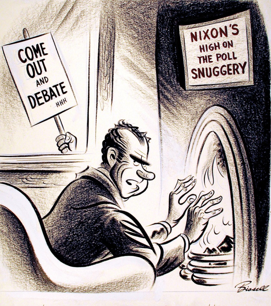 Tom Little’s cartoon “Didn’t Quite Measure Up” (Sept. 29, 1960), above, depicts what was then a new concept: the televised presidential candidates’ debate. In September 1960 millions of Americans watched the first-ever televised debate between presidential candidates Richard M. Nixon and John F. Kennedy. The new medium caught Nixon off guard and showed him in poor contrast to the relaxed, confident and handsome Kennedy. When Nixon ran again in 1968, he carefully controlled his television appearances and refused to debate on air, as can be seen in Charles Bissell’s cartoon “And maybe catch a chill? … Never!”, left.