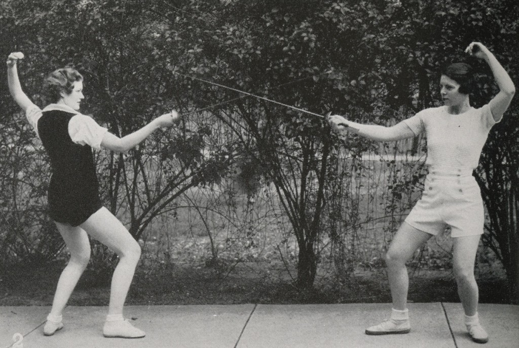Photo of two female fencers, 1936