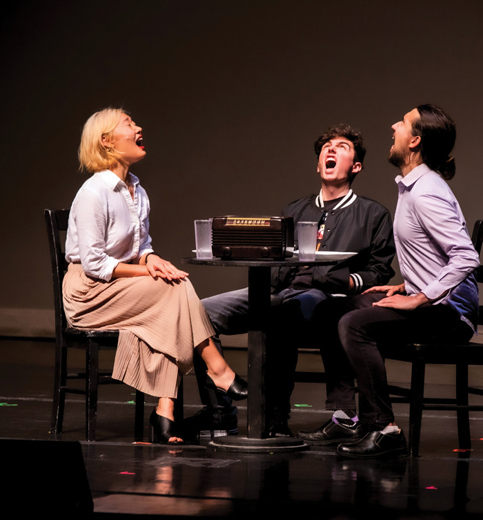 Sophomores Amber Yun and Jared Schmidt, and junior Joe Pehrson of Vanderbilt University Theatre scream as they perform a scene from "Catharsis," by sophomore Natalie Martinez-White, during the August Spotlight Showcase for first-year students. Photo by Anne Rayner