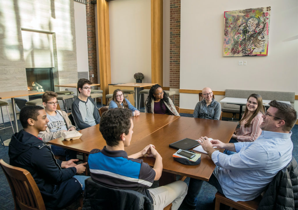 Professor of the Practice of Engineering Management Christopher Rowe, far right, meets with Vanderbilt’s inaugural A. James Clark Scholars. (JOHN RUSSELL)