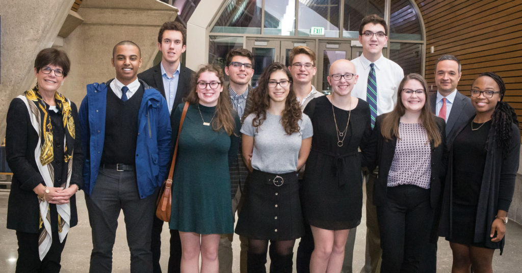 The first Vanderbilt cohort of A. James Clark Scholars—all first-year engineering students—gathered last November for a dinner at which they met Courtney Clark Pastrick (far left), who chairs the Clark Foundation board, and were able to tell her in person about the impact of the scholarship in their lives. (SUSAN URMY)