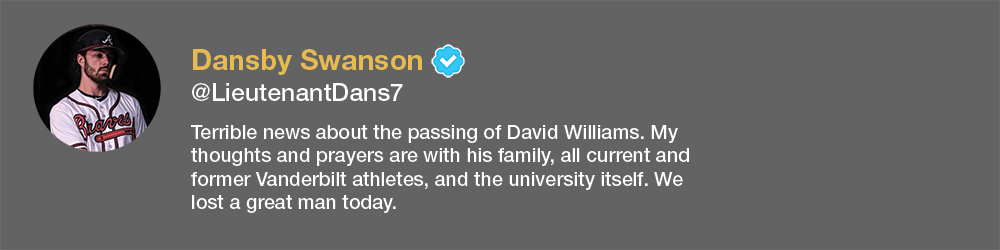 screenshot of Dansby Swanson tweet about David Williams