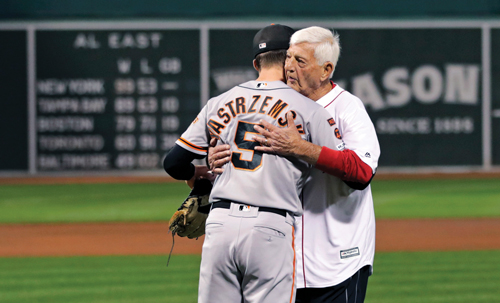 Yaz to Yaz: Mike and Carl Yastrzemski share a moment in the