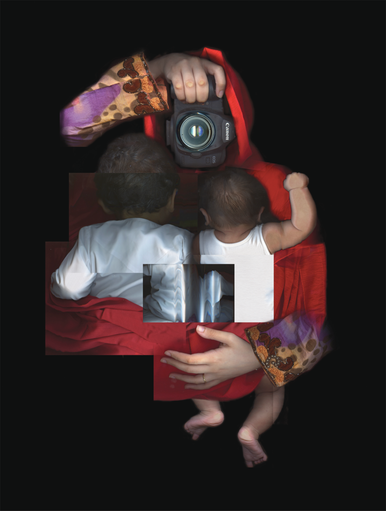Mother, by Emirati artist Maitha Demithan, was created by the process of scanography, using digital scanners to generate images and then collaging the images together. In the exhibit catalog the artist states that the piece depicts a mother as a hero, in her hands the tools of an artist “without which she cannot feel complete. In both are the feedback cycle of creating and nurturing, immersion and engagement.”
