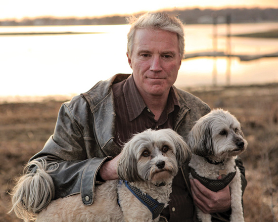 Webb—with his dogs, Daisy (as in Buchanan, from The Great Gatsby) and Zelda (as in Fitzgerald)—at Longshore, the Connecticut estate that inspired F. Scott Fitzgerald. Photo by Jim Swaffield