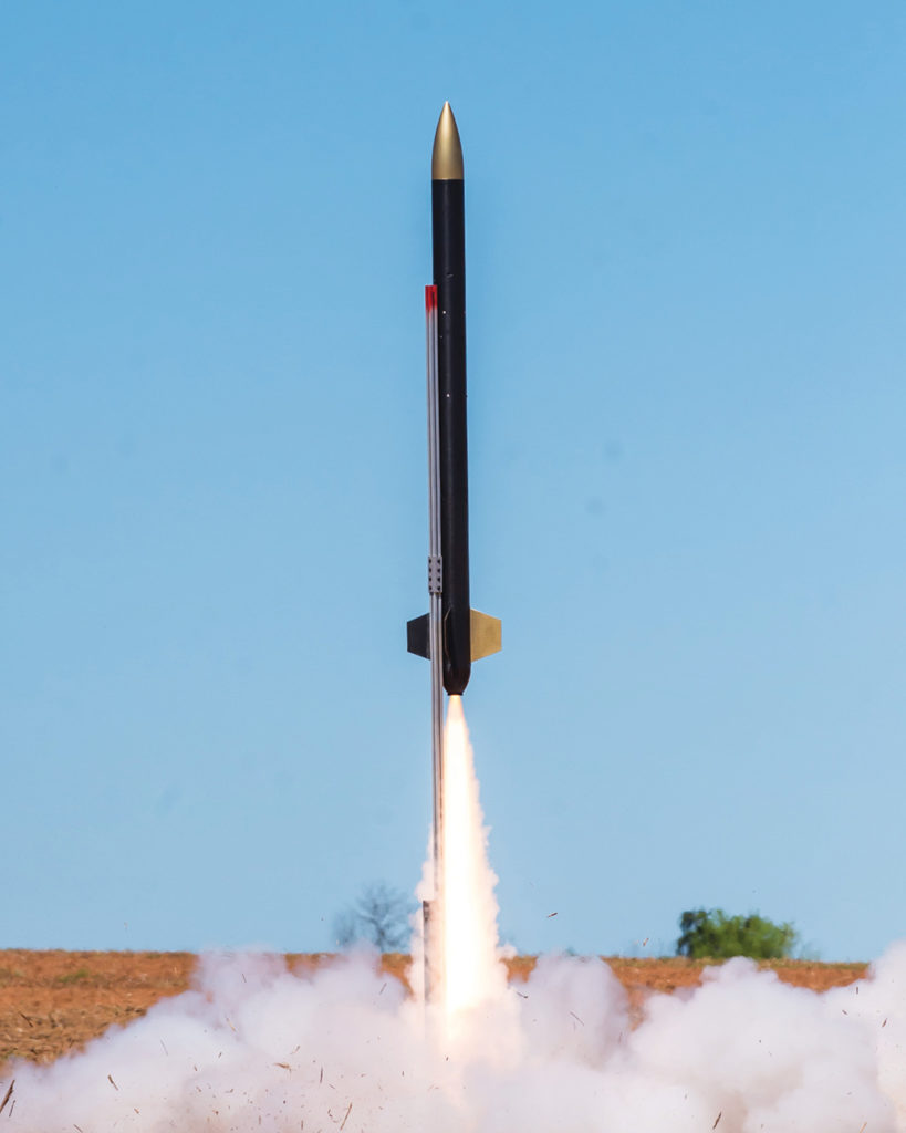 Vanderbilt’s first-place “High Roller” rocket lifts off at the 2017 NASA Student Launch Competition. A cold gas supersonic thruster payload was used to manipulate the roll on the rocket. (Jim Wilkerson)