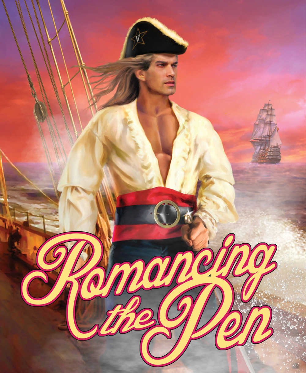 illustration of a stereotypical male protagonist from a romance book cover, who's on board a ship and wearing a Commodore hat
