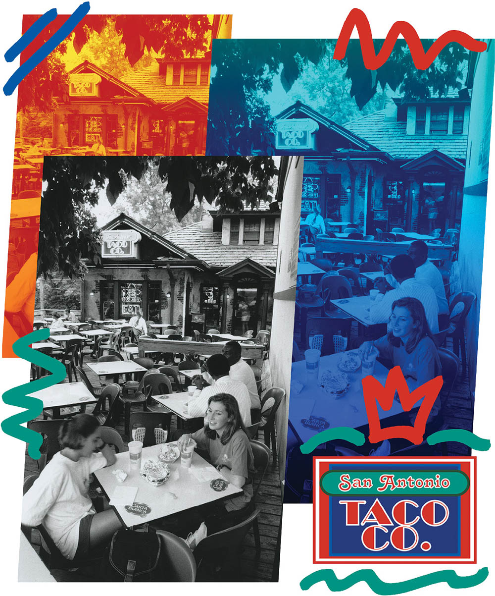 illustration that incorporates old photo of students eating on the patio of SATCO