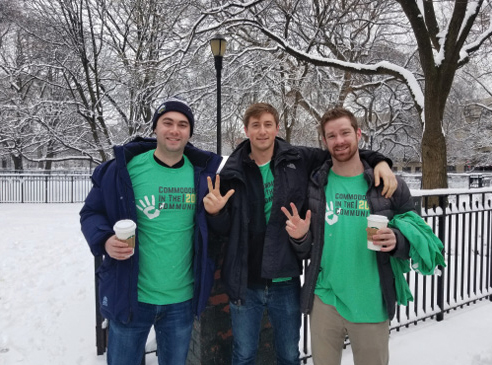 Left to right: Nick Lovinger, BA’15; Jake Goldklang, BA’15; and Liam Byrne, BA’14, braved a snowy Saturday morning with other members of the Metro New York Vanderbilt Chapter to volunteer for their service project benefiting the Bowery Mission.